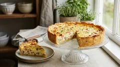Quiche met een goudbruine aardappelkorst: lichter dan bladerdeeg, maar toch vullend