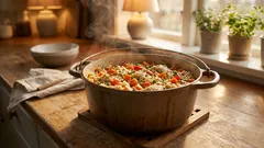 Doordeweeks recept: éénpans kip met rijst en groenten voor een gezonde avondmaaltijd